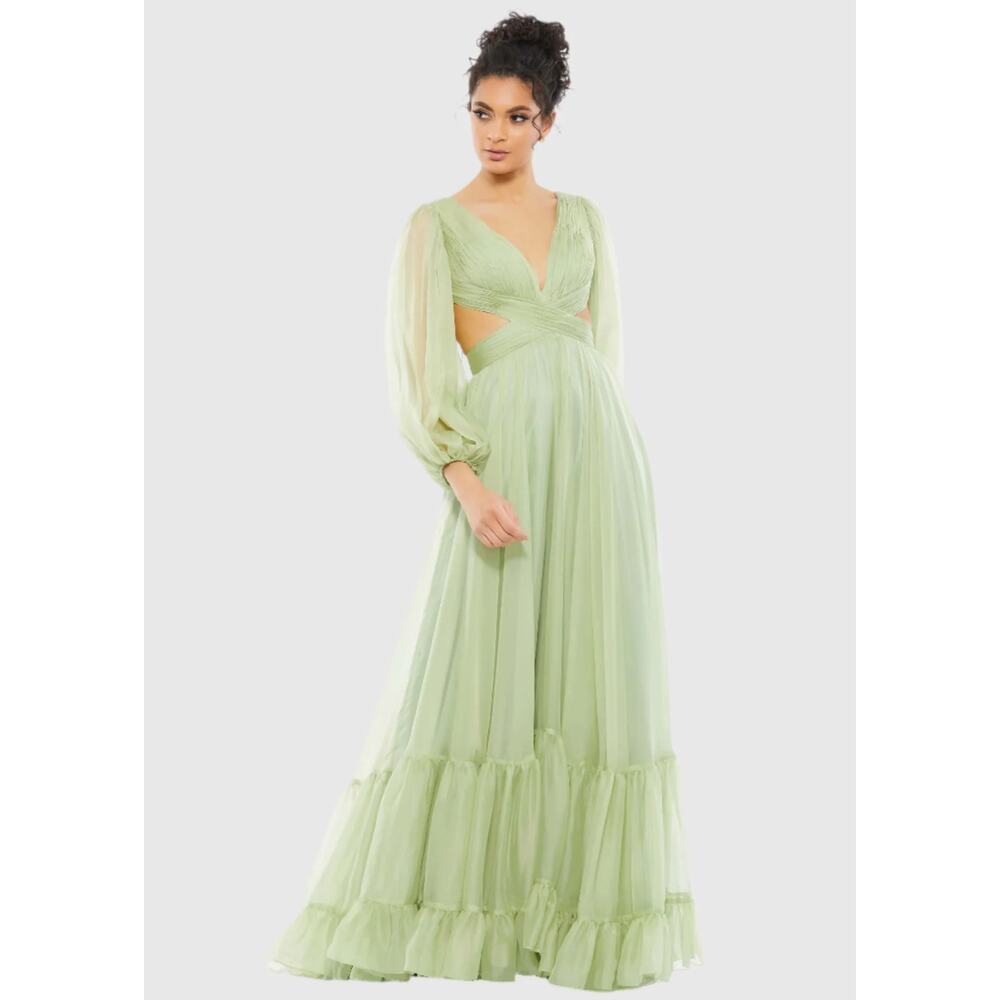 Mac Duggal 67948‎ Pleated Cut Out Long Sleeve Lace Up Ethereal Sage Gown 10 NEW